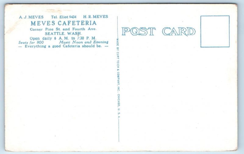 SEATTLE, WA Washington ~ Roadside MEVES CAFETERIA  c1930s Multiview Postcard