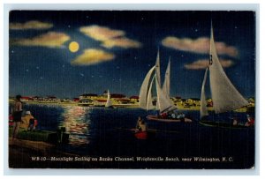 1952 Moonlight Sailing Banks Channel Wrightsville Beach Wilmington NC Postcard