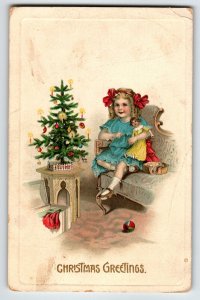 Christmas Postcard Girl Toy Doll X-Mas Tree Lit Candles Germany Gabriel Vintage