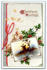 Christmas Postcard Greetings Holly Berries Windmill Embossed Tuck c1910's Posted