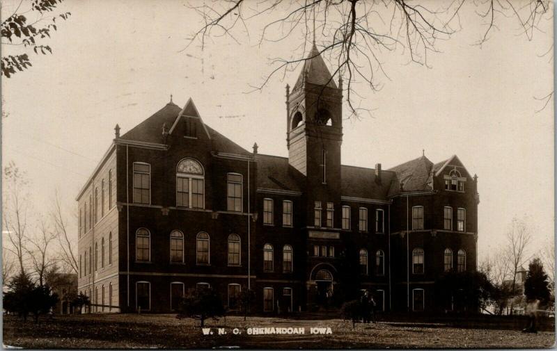 Shenandoah Iowa~Western Normal College Building~Man on Crutches~1909 RPPC 