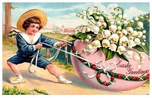 Easter Victorian boy pulling Giant edd uphill