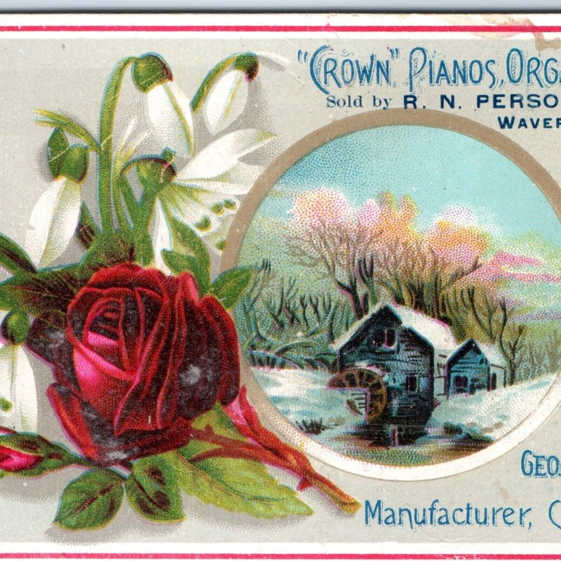 c1880s Waverly, Iowa Piano Dealer Trade Card Persons Crown Geo Bent Organ C3