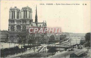 Old Postcard Paris church Notre Dame and the Seine