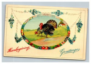 Vintage 1913 Winsch Back Thanksgiving Postcard Lacquer Face Turkey Blue Flowers