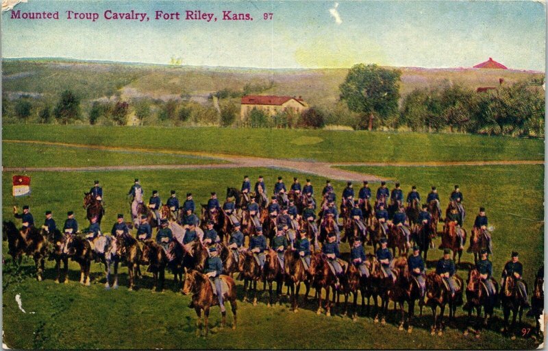 Mounted Troup Cavalry Fort Fort Riley Kansas KS Antique Postcard DB UNP Unused 
