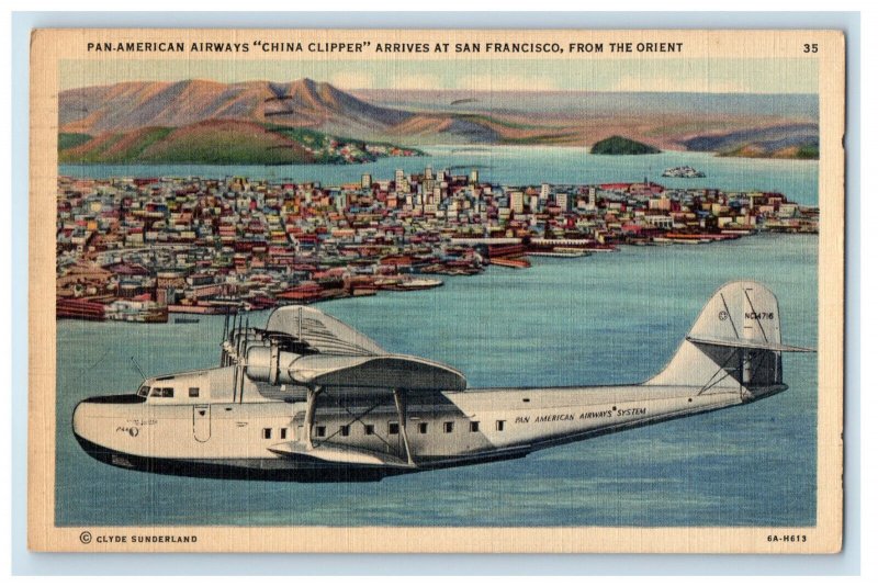 1936 Pan American Airways China Clipper Arrives at San Francisco CA Postcard 