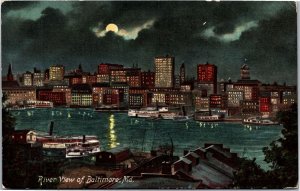 Postcard MD Baltimore Rivew View of Baltimore at night with moon 1909