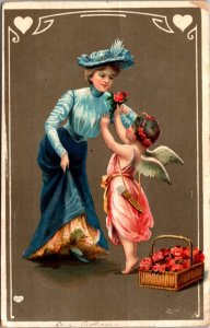 Gel Valentine's Day Postcard Cupid Cherub Angel Giving Rose to Woman in Blue