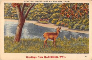 Hatcreek Wyoming Greetings From deer by stream linen antique pc ZC548620