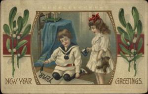 New Year - Boy & Girl Children Teddy Bear c1910 Postcard