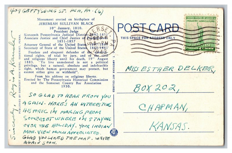 c1943 Postcard PA Jeremiah Sullivan Black Monument Somerset Pennsylvania