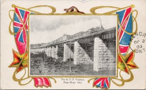 Port Hope Ontario GTR Viaduct Train Patriotic Flags Talbot Postcard G69 *as is