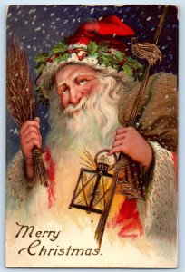 1910 Christmas Santa Claus With Lantern Snow Winter Gel Gold Gilt Postcard