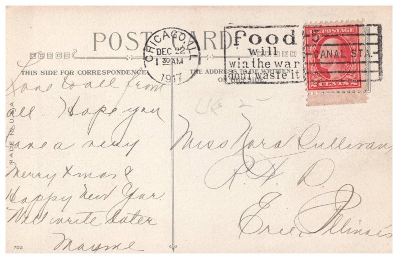 1917 Xmas Greetings Holly Church Snow Vintage Postcard Chicago WW1 Food Cancel