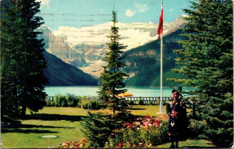 Piping Colours Lake Louise Postcard PM Chateau Alberta Canada Cancel WOB Note 