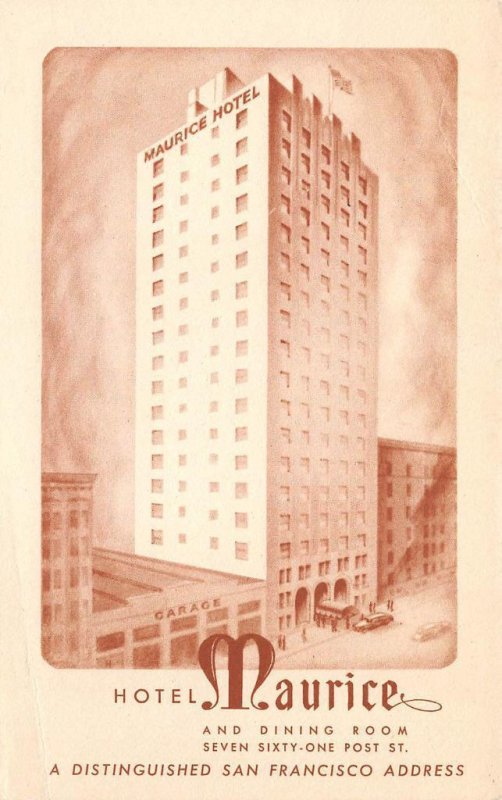 HOTEL MAURICE San Francisco, California 761 Post Street c1940s Vintage Postcard