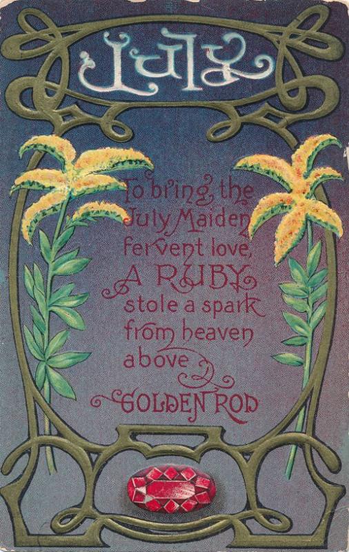 Birth Month July - Birthstone Ruby - Flower Golden Rod - pm 1908 - DB