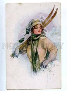 202763 WINTER Sport SKIING Lady by Court BARBER Vintage PC