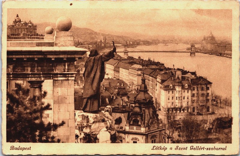 Hungary Budapest Latkep a Szent Gellert Szoborral Vintage Postcard C240