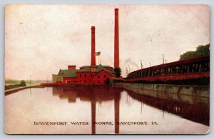 Davenport Iowa~Water Works Red Bldg~Smokestacks Reflect In Water w/US Flag~1908
