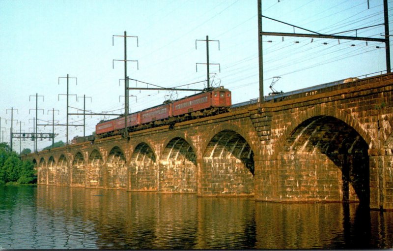 Trains Four Pennsylvania RR MP54 Electric Trolleys Crossing Delaware River At...