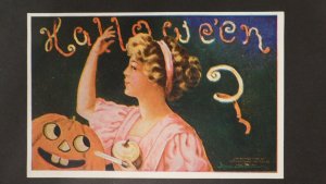 Unposted Halloween Lady in Party Dress with Jack-O'-Lantern Postcard