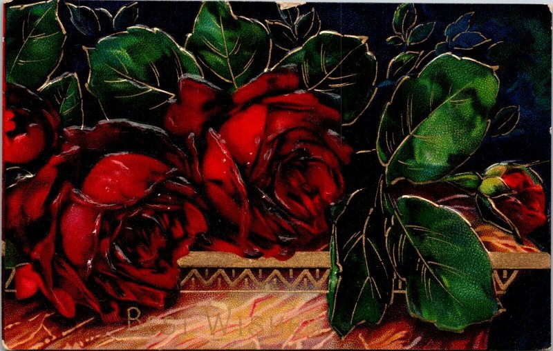 Red Roses Best Wishes Gel Embossed Postcard Series 1640 Germany DB UNP 