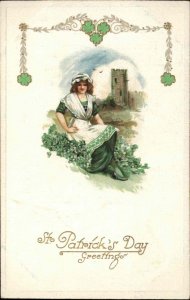 Winsch St Patrick's Day Beautiful Irish Woman by Castle c1910 Postcard