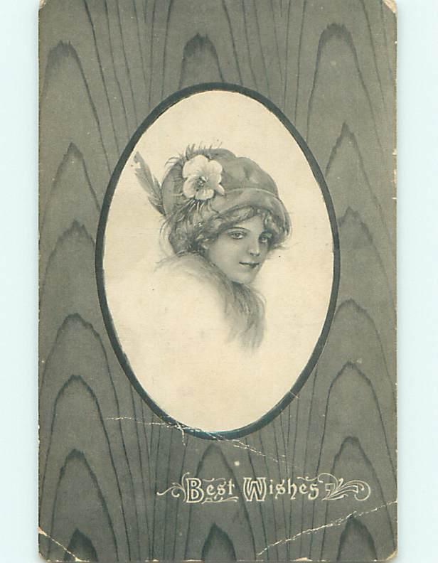 Divided-Back art nouveau PRETTY GIRL WITH FLOWER & FEATHER ON HAT v4707