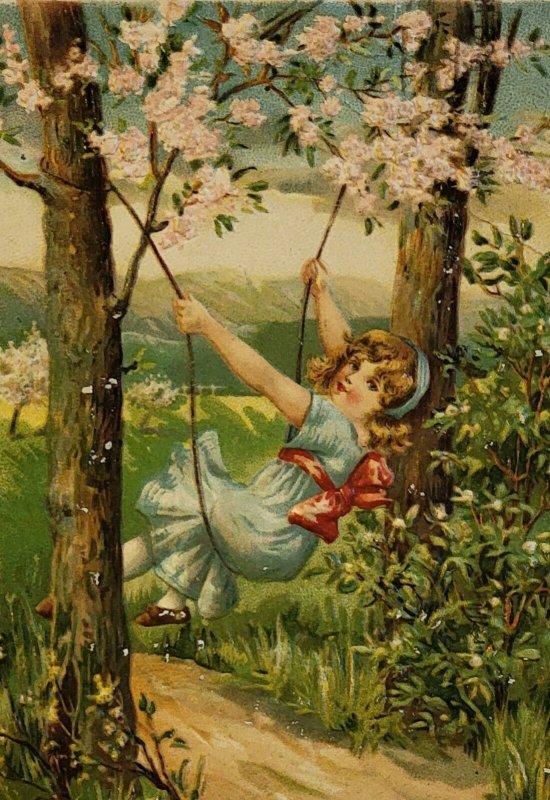 Adorable  Girl On A Tree Swing. C. 1910 Embossed Mountains Blue Dress Red Ribbon