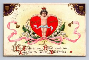 VALENTINE HOLIDAY CUPID HEART FLOWERS POEM EMBOSSED POSTCARD 1910