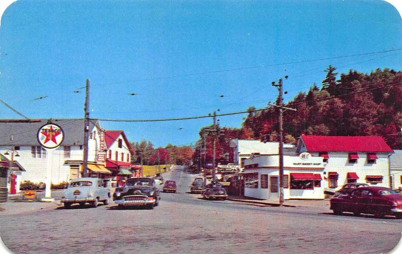 Inlet NY Storefronts Texaco Gas Station Sweet Shop Old Cars Postcard