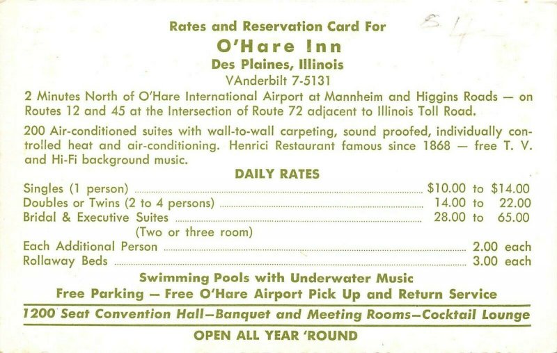 Des Plaines Illinois 1960s Postcard O'Hare Inn Motel Chicago Airport