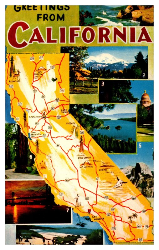 Postcard MAP  California - Greetings from California - map with pictures