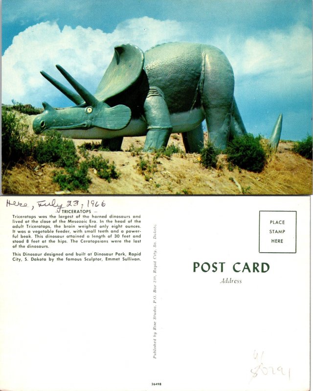 Triceratops Rapid City SD Dinosaur Park Postcard Unused (41291)