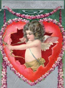 C. 1910 Cupid Hearts Bow Arrow Dresden Valentine Adorable Vintage Postcard P219