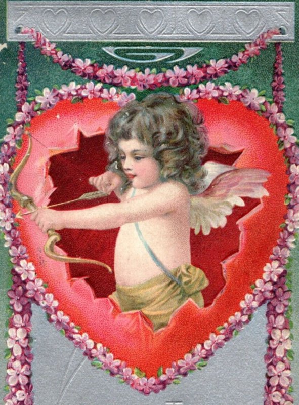 C. 1910 Cupid Hearts Bow Arrow Dresden Valentine Adorable Vintage Postcard P219 