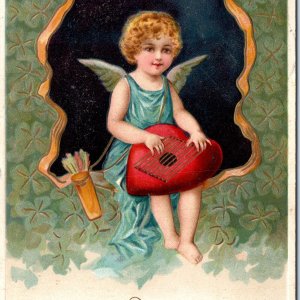 c1910s To My Valentine Cherub w/ Heart Harp Arrow Cupid Embossed Postcard A68