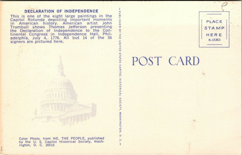 Vtg Declaration of Independence Painting Capitol Rotunda Washington DC Postcard