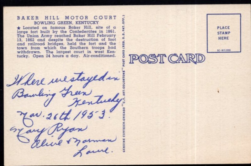 Kentucky BOWLING GREEN Baker Hill Motor Court on U.S. Highways 31W - LINEN 1953