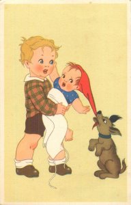 Drawn children and dog comic caricature postcard Italy 1940s