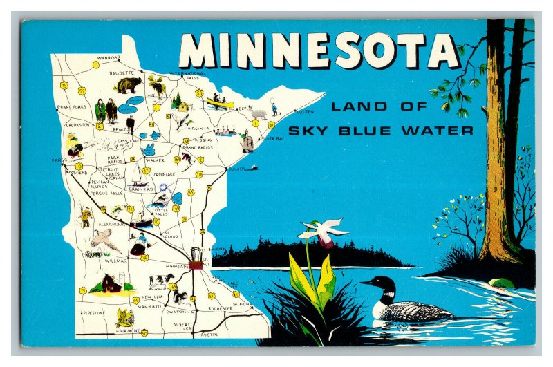 MINNESOTA Land Of Sky Blue Water State Map Vintage Standard View Postcard