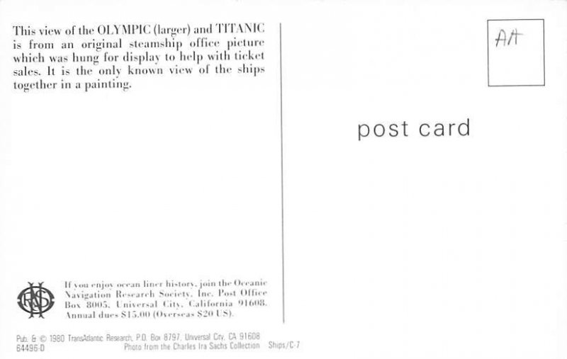 Olympic Modern Card White Star Line Olympic Ship 