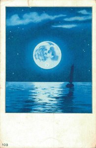 Art Deco Romantic Kissing Moon Vintage Postcard 06.71