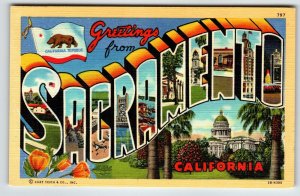 Greetings From Sacramento California Large Big Letter Linen Postcard Curt Teich