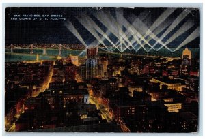 1955 San Francisco Bay Bridge And Lights Of US Fleet California CA Postcard 