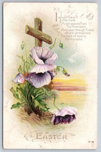 Cross, Clematis, Sunset Scene, Poem, Vintage Embossed Easter Greetings Postcard