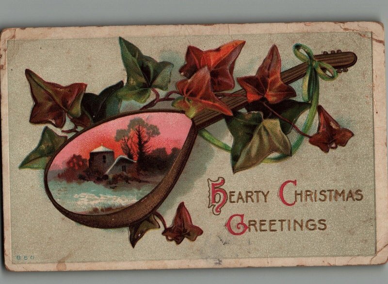 Antique Postcard 1910s Embossed Hearty Christmas Greetings Used 5.5 x 3.5