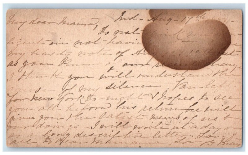 1884 Letter to Mrs. P Preston Indianapolis Indiana IN Baltimore MD Postal Card